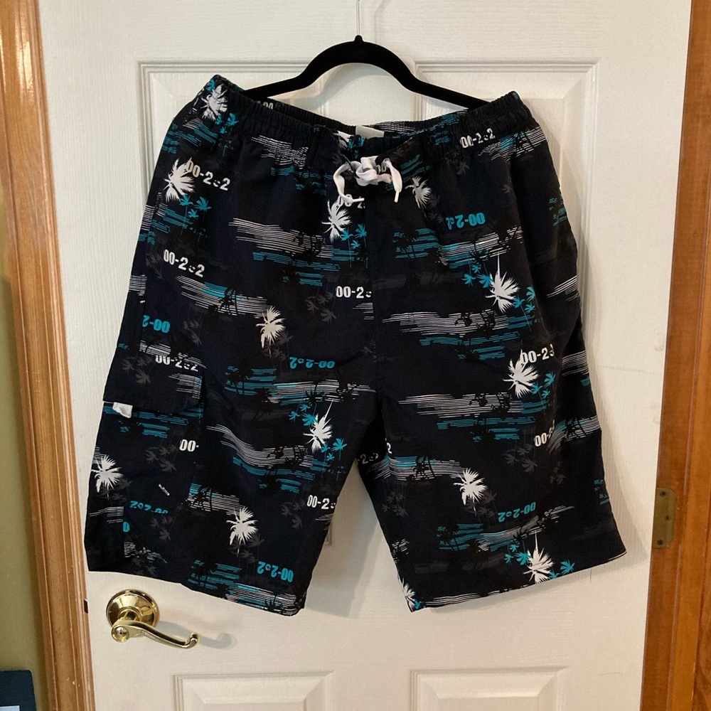 Men’s extra large, long swim trunks with tie and elastic waist band